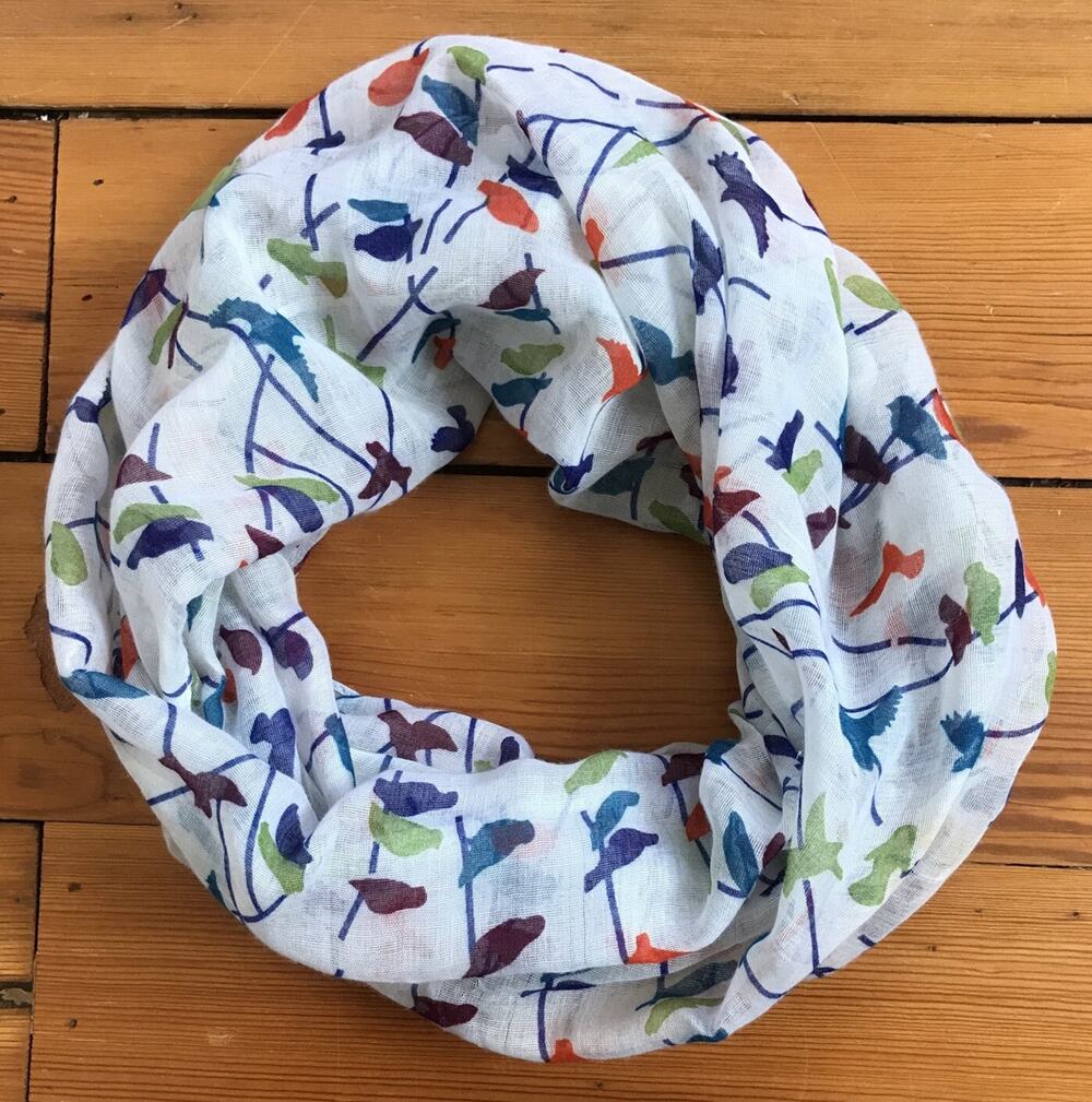 Multicolor Sheer White Birds Lightweight Featherweight Boho Infinity Scarf Wrap